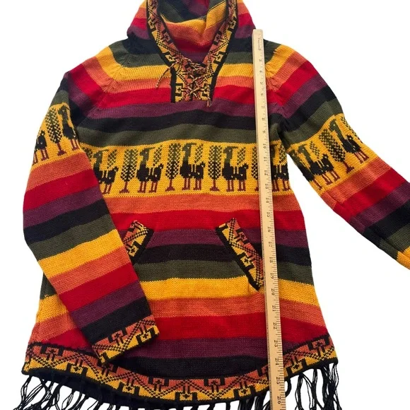 ARTESANIAS APAZA ALPACA Women’s S/M Peru Multicolor Sunset Stripe Hooded Sweater - Picture 4 of 15